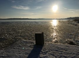 En snöklädd brygga i förmiddagssolen som lyser på isen som ligger i bitar vid strandkanten.